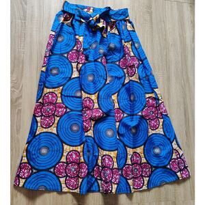 African Print Maxi Skirt Size M/L Blue Elastic Waist Pockets 100% Cotton